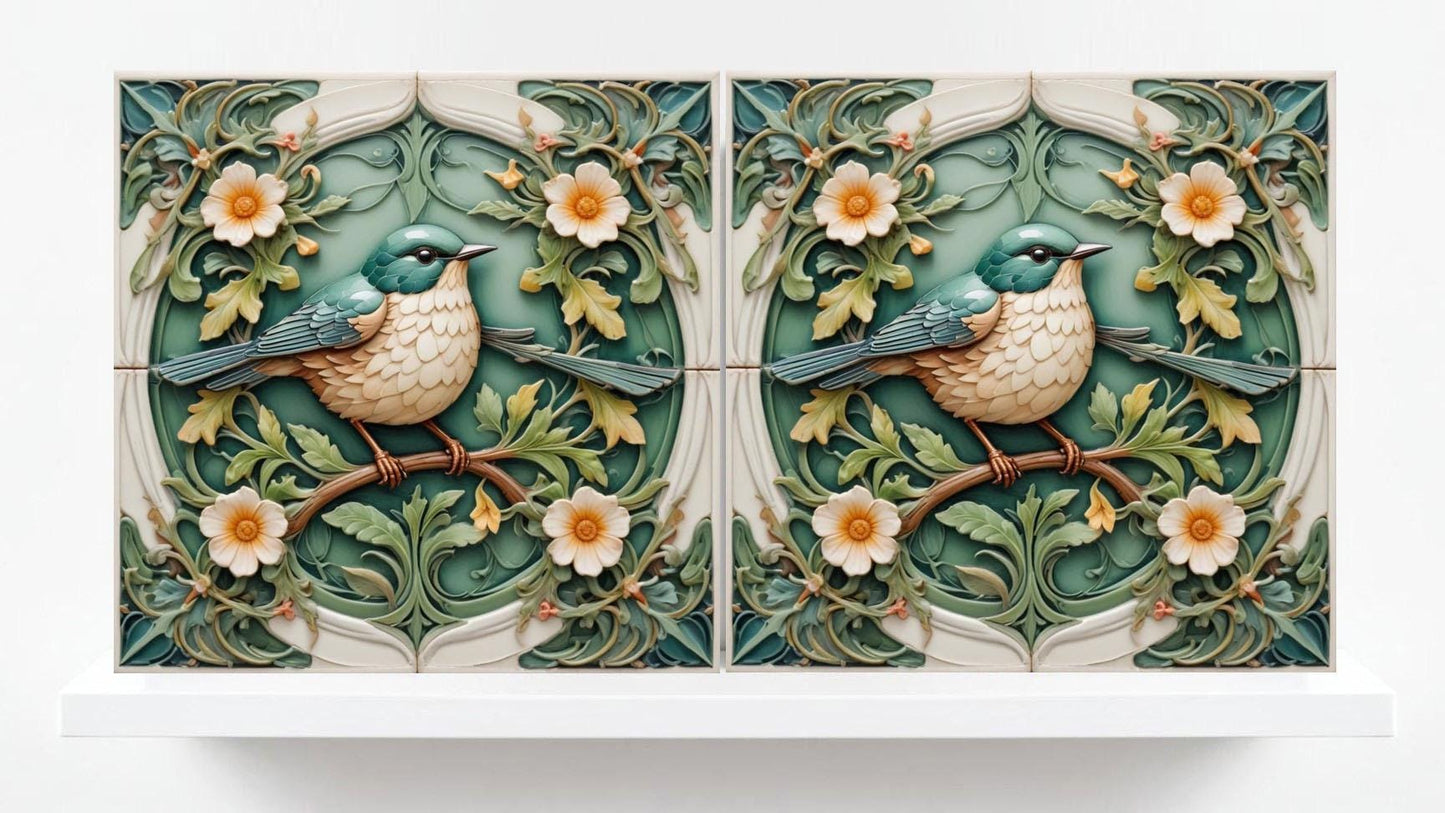 Art Nouveau Bird and Flower Ceramic tiles -Set of 2 Art Nouveau Bird Wall Decor Tiles,Bird Tiles -Kitchen Backsplash Tiles,Bathroom Tiles