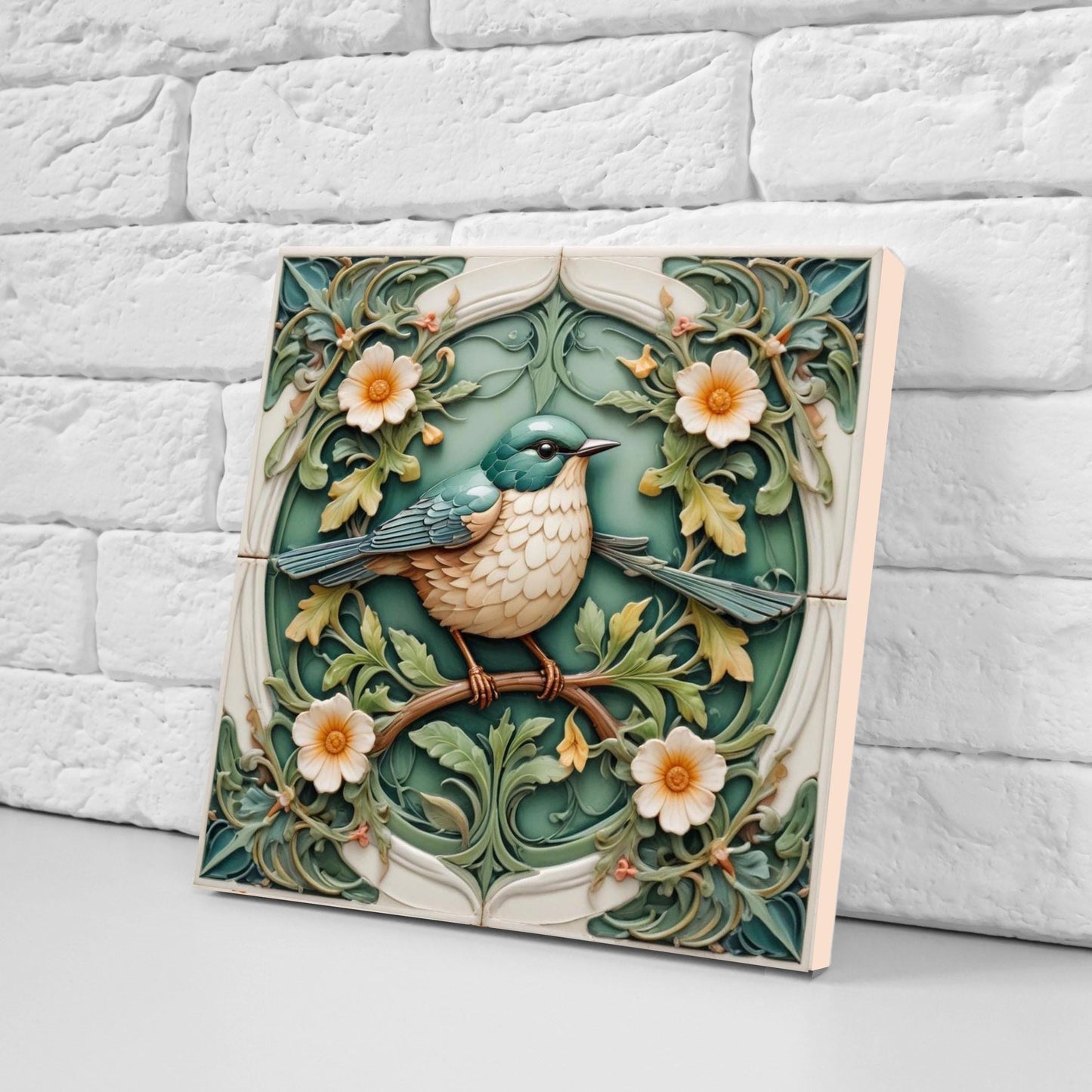 Art Nouveau Bird and Flower Ceramic tiles -Set of 2 Art Nouveau Bird Wall Decor Tiles,Bird Tiles -Kitchen Backsplash Tiles,Bathroom Tiles