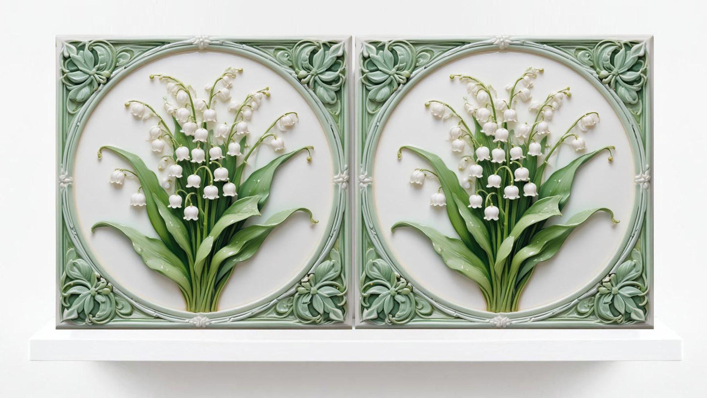 Art Nouveau Flower Ceramic Tiles - Set of 2 Art Nouveau Wall Decor Tiles - Kitchen Backsplash Tiles, Table Decorative Tiles, Bathroom Tiles