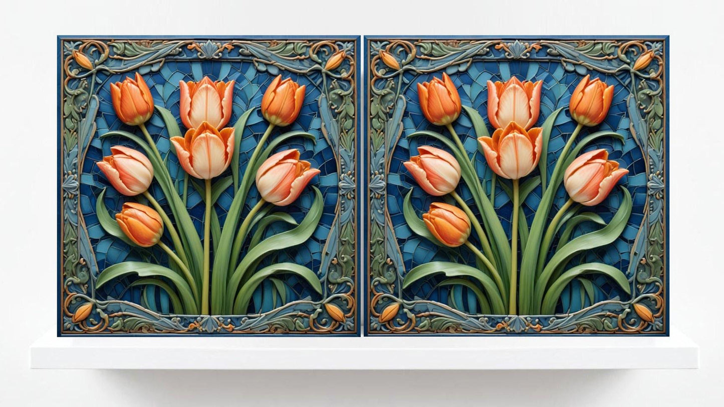Art Nouveau Flower Ceramic Tiles - Set of 2 Art Nouveau Wall Decor Tiles - Kitchen Backsplash Tiles, Table Decorative Tiles, Bathroom Tiles