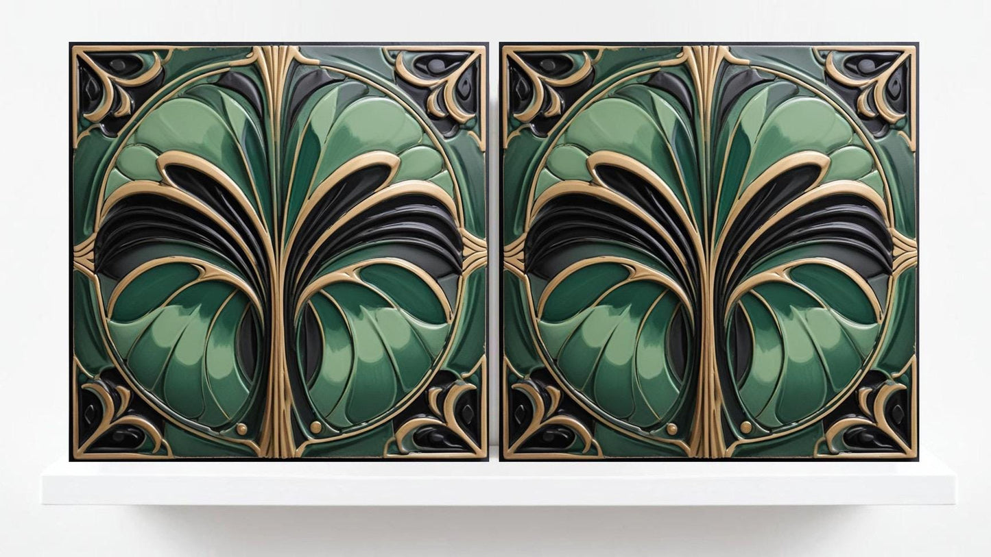 Art Deco Ceramic Tiles Green- Set of 2 Art Deco Wall Decor Geometric Tiles - Kitchen Backsplash Tiles,Table Decorative Tiles, Bathroom Tiles