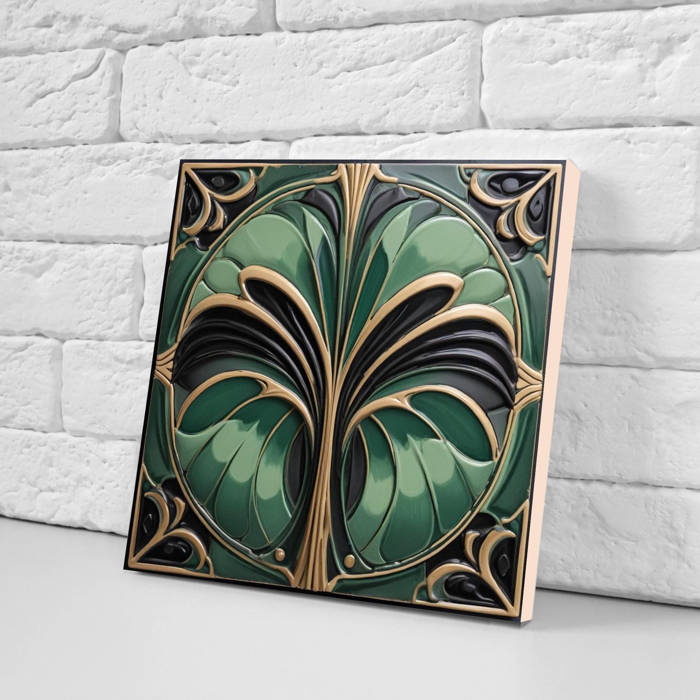 Art Deco Ceramic Tiles Green- Set of 2 Art Deco Wall Decor Geometric Tiles - Kitchen Backsplash Tiles,Table Decorative Tiles, Bathroom Tiles