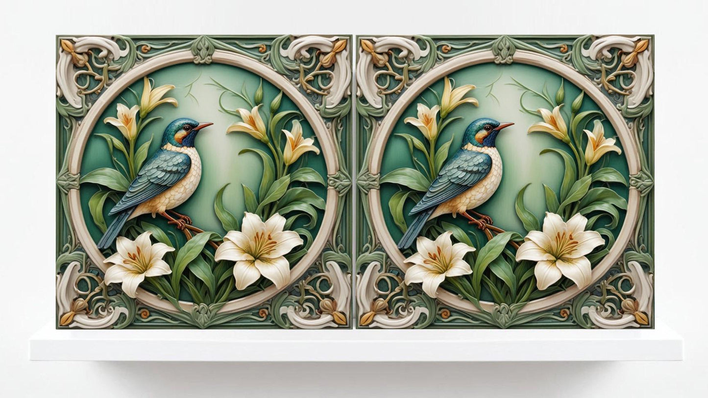Art Nouveau Bird and Flower Ceramic tiles -Set of 2 Art Nouveau Bird Wall Decor Tiles,Bird Tiles -Kitchen Backsplash Tiles,Bathroom Tiles