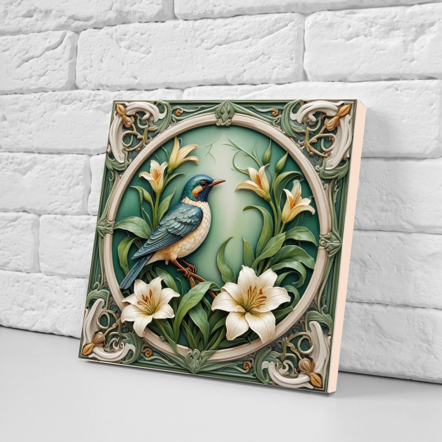 Art Nouveau Bird and Flower Ceramic tiles -Set of 2 Art Nouveau Bird Wall Decor Tiles,Bird Tiles -Kitchen Backsplash Tiles,Bathroom Tiles