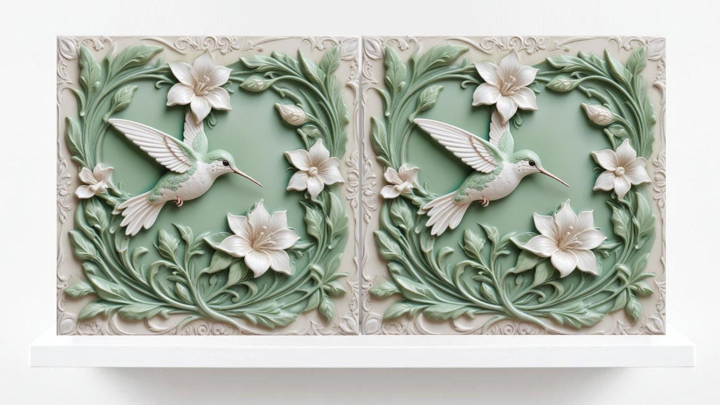 Art Nouveau Bird and Flower Ceramic tiles - Set of 2 Art Nouveau Bird Wall Decor Pastel Tiles Hummingbird Print Kitchen Backsplash, Bathroom