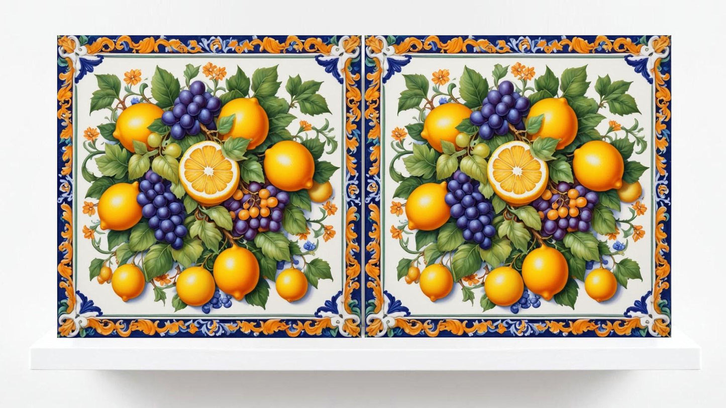 Italian Majolica Orange Fruit Tiles- Set of 2 Italian Wall Decor Tiles - Kitchen Backsplash Tiles, Shower Tiles, Bathroom Tiles, Coaster
