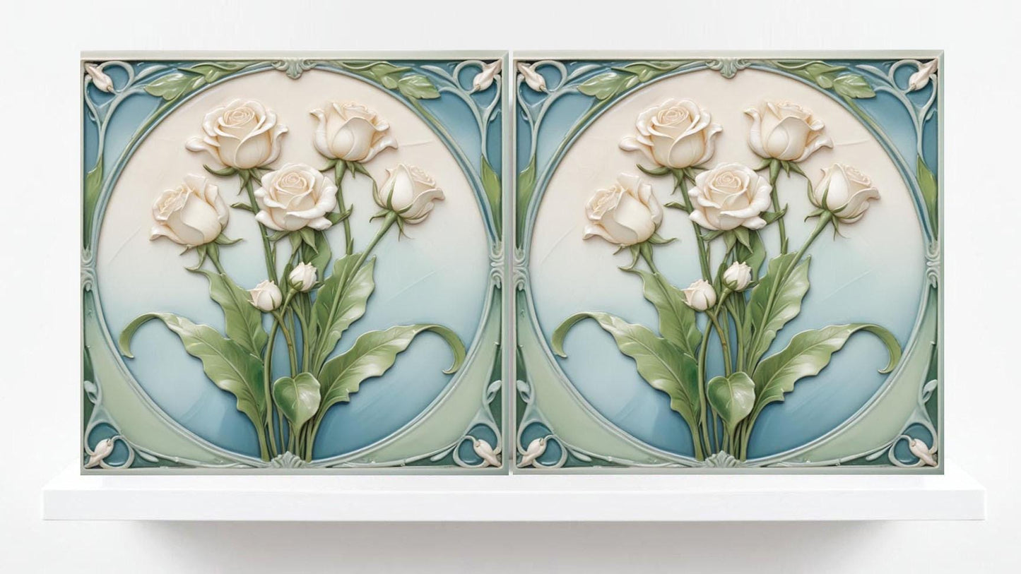 Rose Tile Ceramic tiles Art Nouveau Tiles - Set of 2 Art Nouveau Wall Decor Roses Tiles - Kitchen Backsplash Tiles, Shower Wall Tile