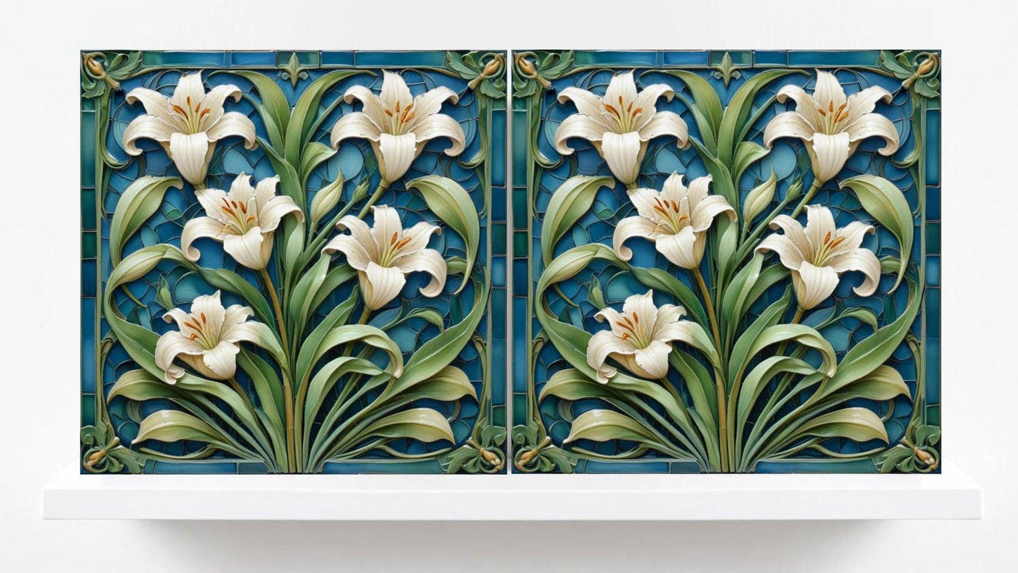 Art Nouveau Flower Ceramic tiles - Set of 2 Art Nouveau Wall Decor Tiles - Kitchen Backsplash Tiles, Table Decorative Tiles, Bathroom Tiles