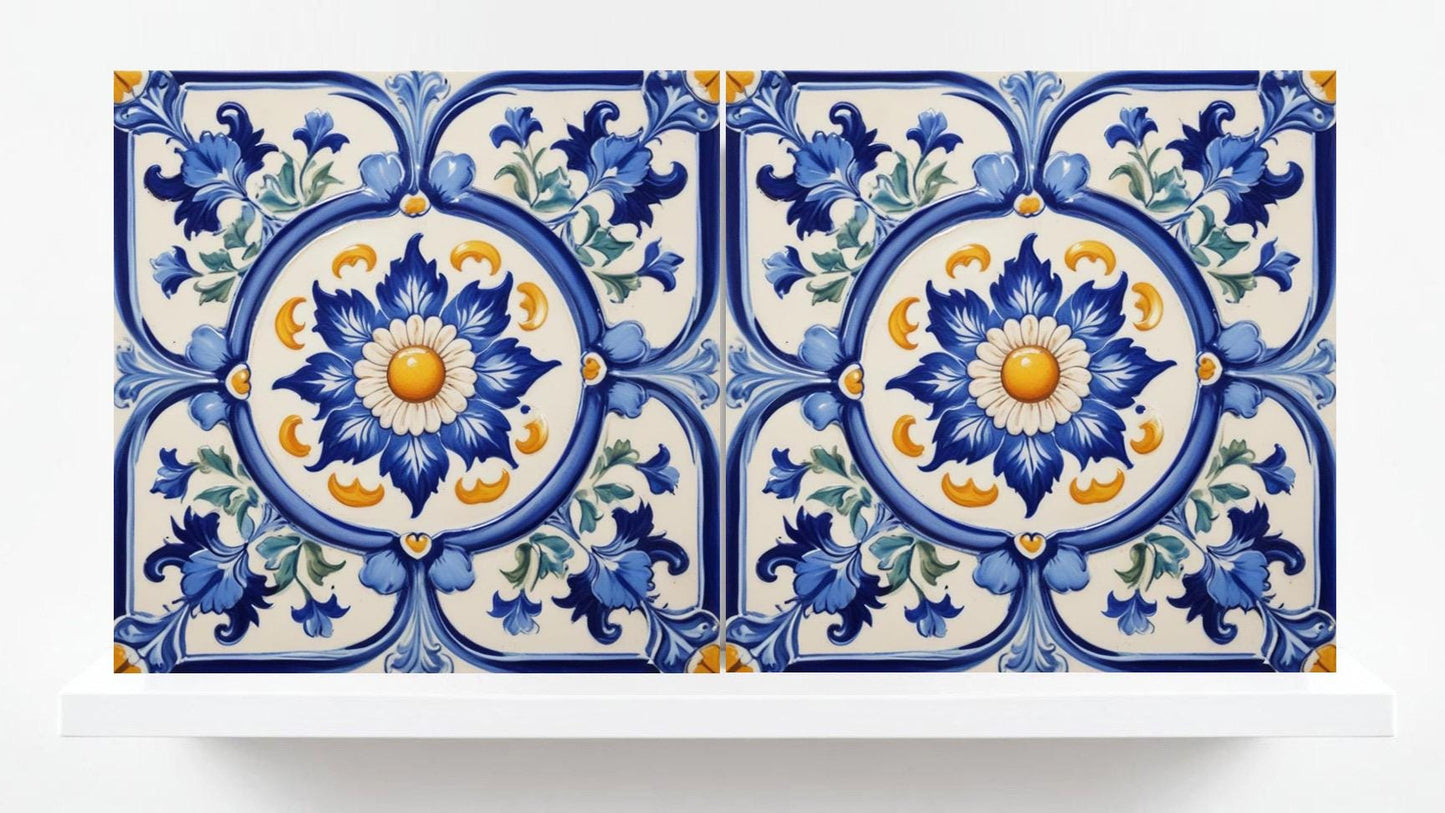 Italian Majolica Tiles - Set of 2 Sicilian Wall Decor Tiles - Kitchen Backsplash Tiles, Mediterranean Tiles Blue, Bathroom, Shower, Sink