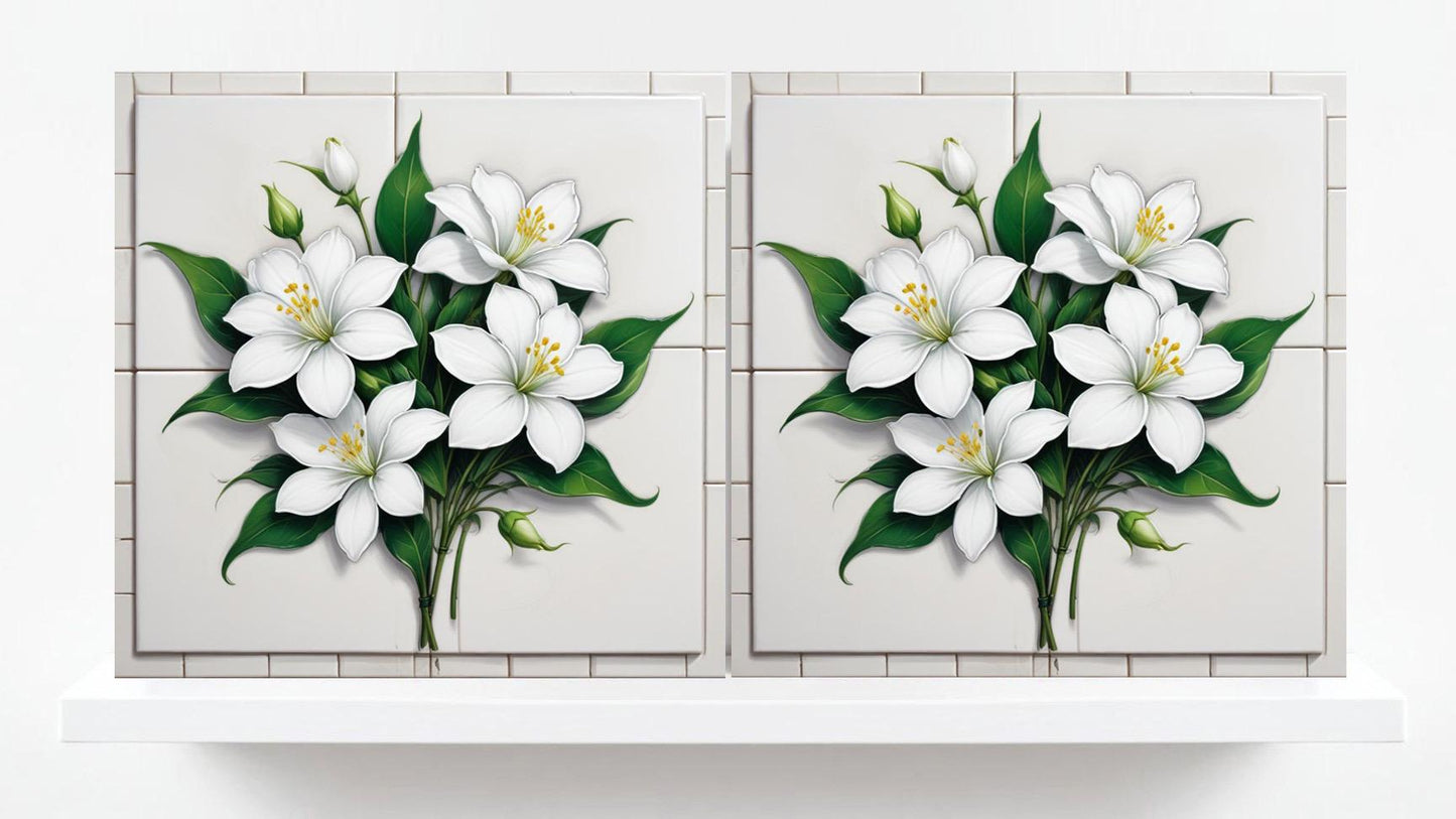 Jasmine Tile Flower Ceramic tiles-Set of 2 Wall Decor Tiles -Botanical Print,Kitchen Backsplash Tiles,Bathroom Shower Decor,Sink Splashback