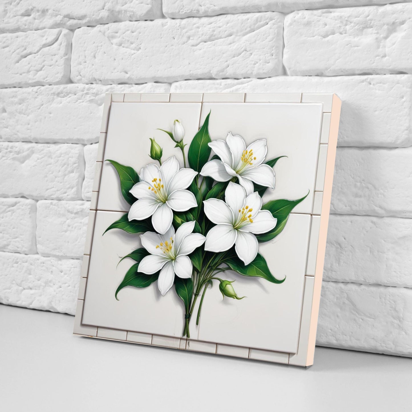 Jasmine Tile Flower Ceramic tiles-Set of 2 Wall Decor Tiles -Botanical Print,Kitchen Backsplash Tiles,Bathroom Shower Decor,Sink Splashback
