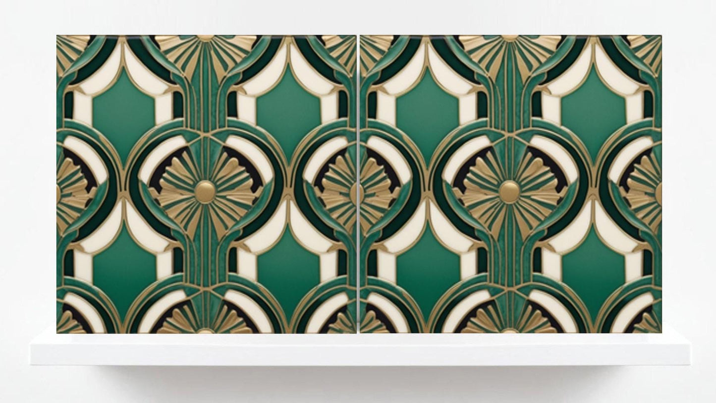 Art Deco Ceramic Tiles Green- Set of 2 Art Deco Wall Decor Geometric Tiles - Kitchen Backsplash Tiles,Table Decorative Tiles, Bathroom Tiles