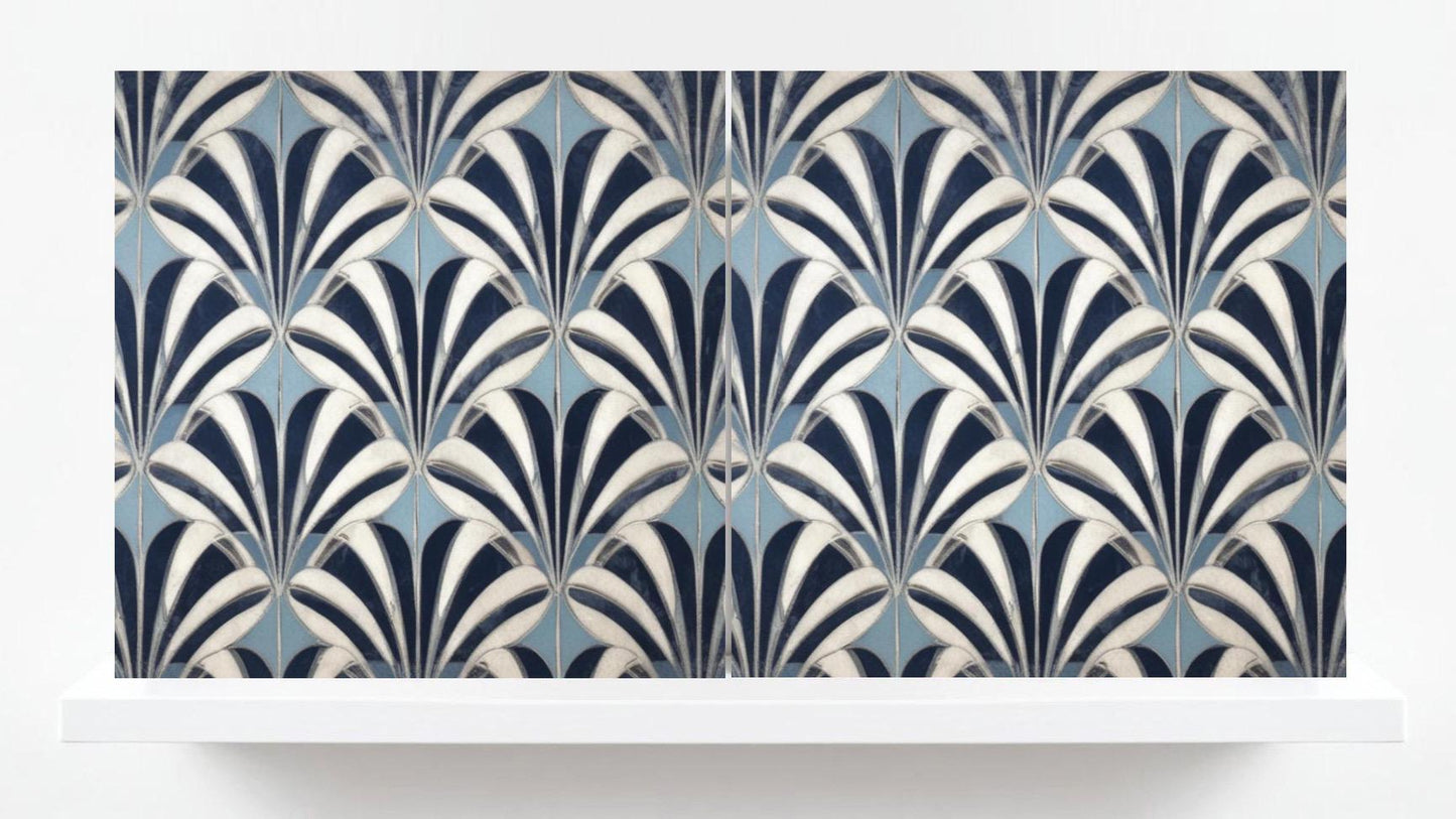 Art Deco Ceramic Tiles Blue - Set of 2 Art Deco Wall Decor Geometric Tiles - Kitchen Backsplash Tiles, Shower Wall Tiles, Bathroom Tiles