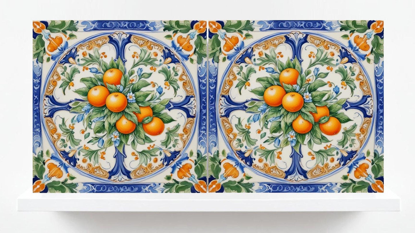 Italian Majolica Orange Tiles -Set of 2 Italian Wall Decor Tiles - Kitchen Backsplash Tiles, Table Decorative Tiles, Bathroom Tiles, Coaster