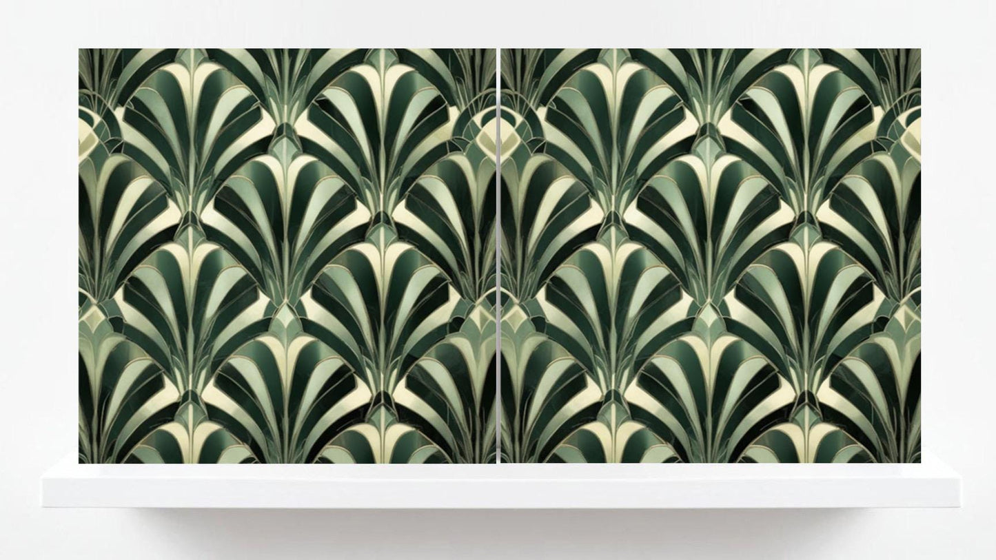 Art Deco Ceramic Tiles Green- Set of 2 Art Deco Wall Decor Geometric Tiles - Kitchen Backsplash Tiles,Table Decorative Tiles, Bathroom Tiles