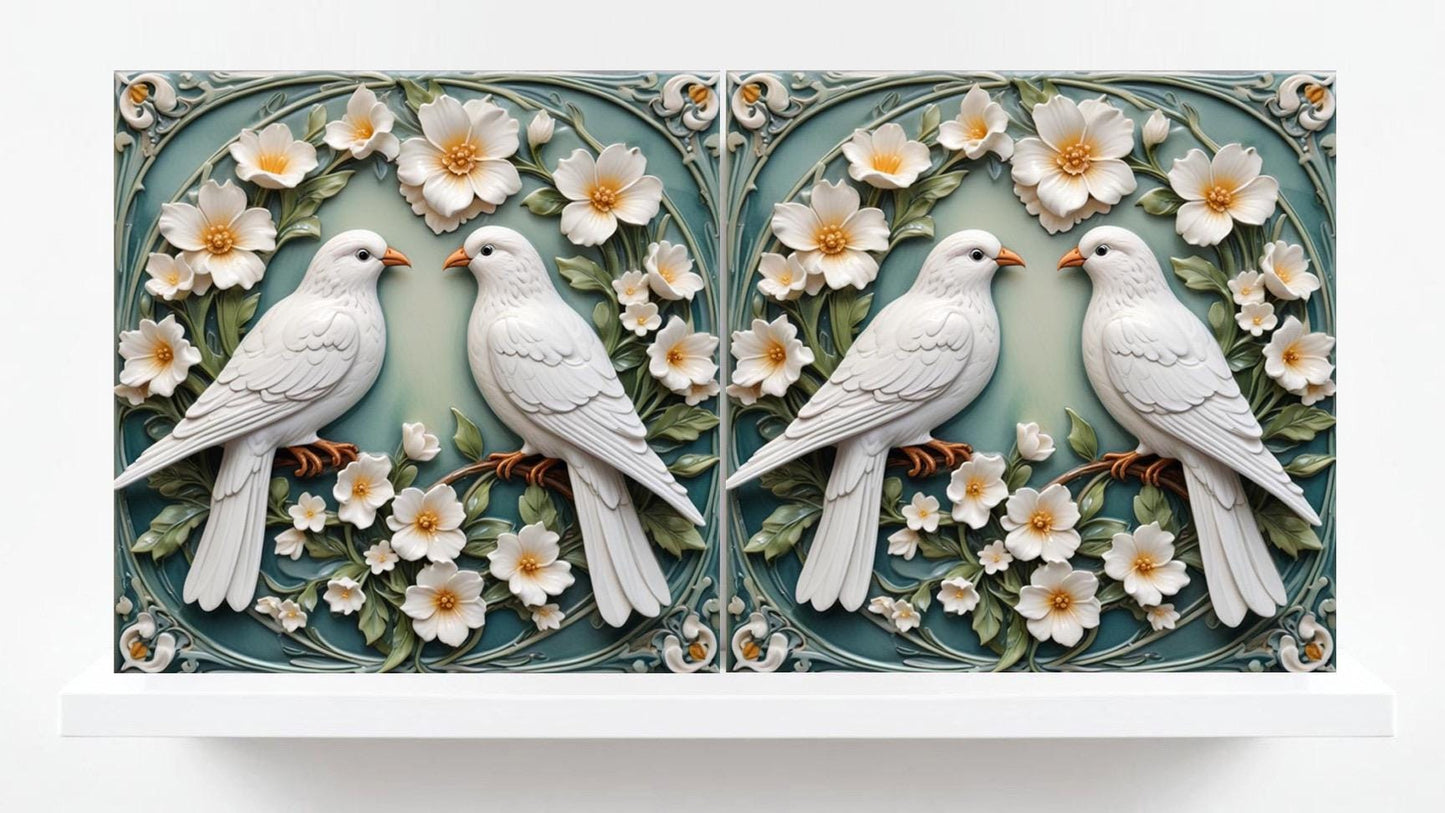 Art Nouveau Bird and Flower Ceramic tiles -Set of 2 Green Art Nouveau Tiles Bird Wall Decor,Bird Tiles -Kitchen Backsplash ,Bathroom,Sink