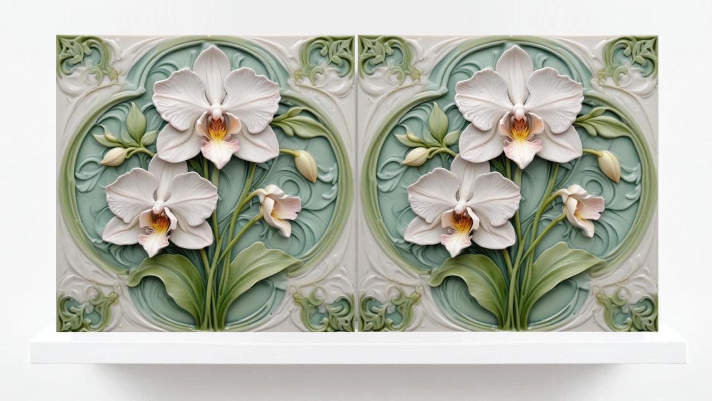 Art Nouveau Flower Ceramic tiles - Set of 2 Botanical Wall Decor Tiles - Kitchen Backsplash , Sink Splashback, Bathroom,Shower,Accent Wall