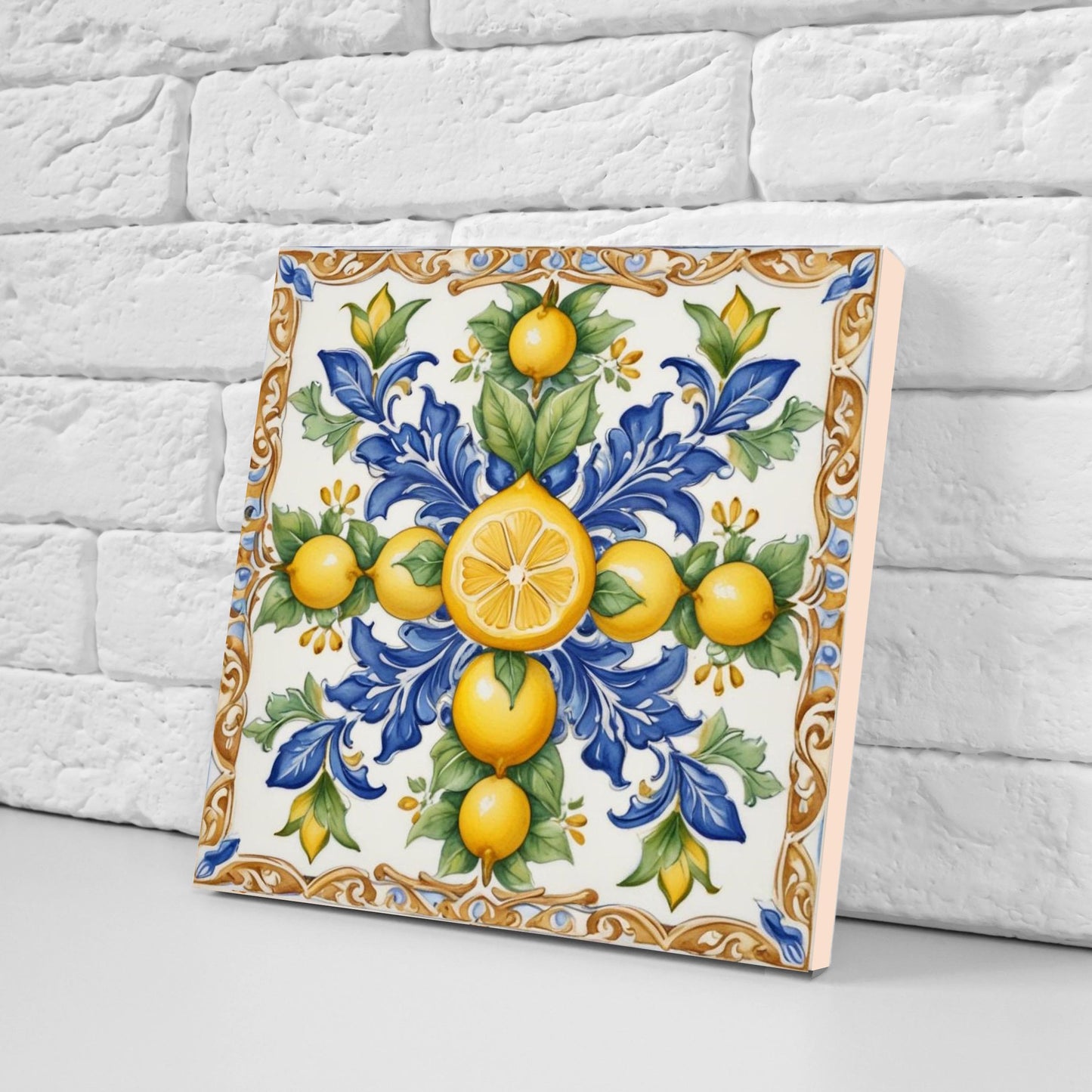 Italian Majolica Lemon Tiles - Set of 2 Italian Wall Decor Tiles - Kitchen Backsplash Tiles, Table Decorative Tiles, Bathroom Tiles, Coaster