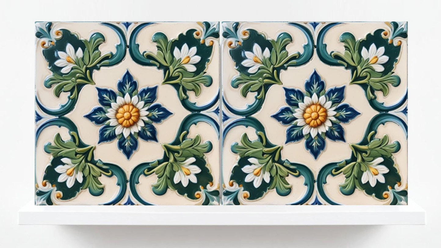 Italian Majolica Tiles Floral -Set of 2 Sicilian Wall Decor Tiles -Kitchen Backsplash Tiles, Table Decorative Tiles, Bathroom Tiles, Coaster