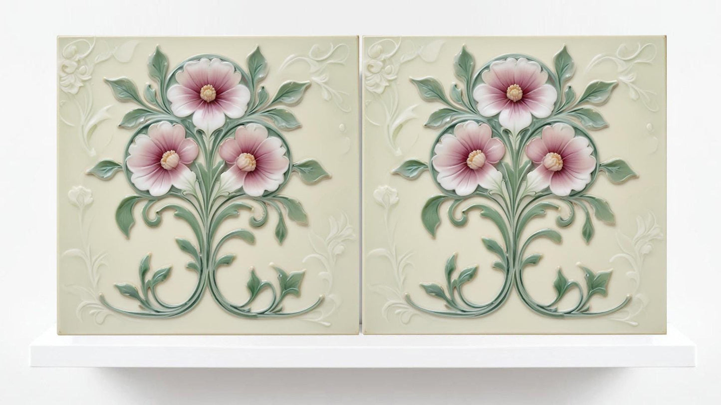 Art Nouveau Flower Ceramic Tiles - Set of 2 Botanical Wall Decor Tile - Kitchen Backsplash,Bathroom, Sink Splashback,Fireplace,Shower Wall