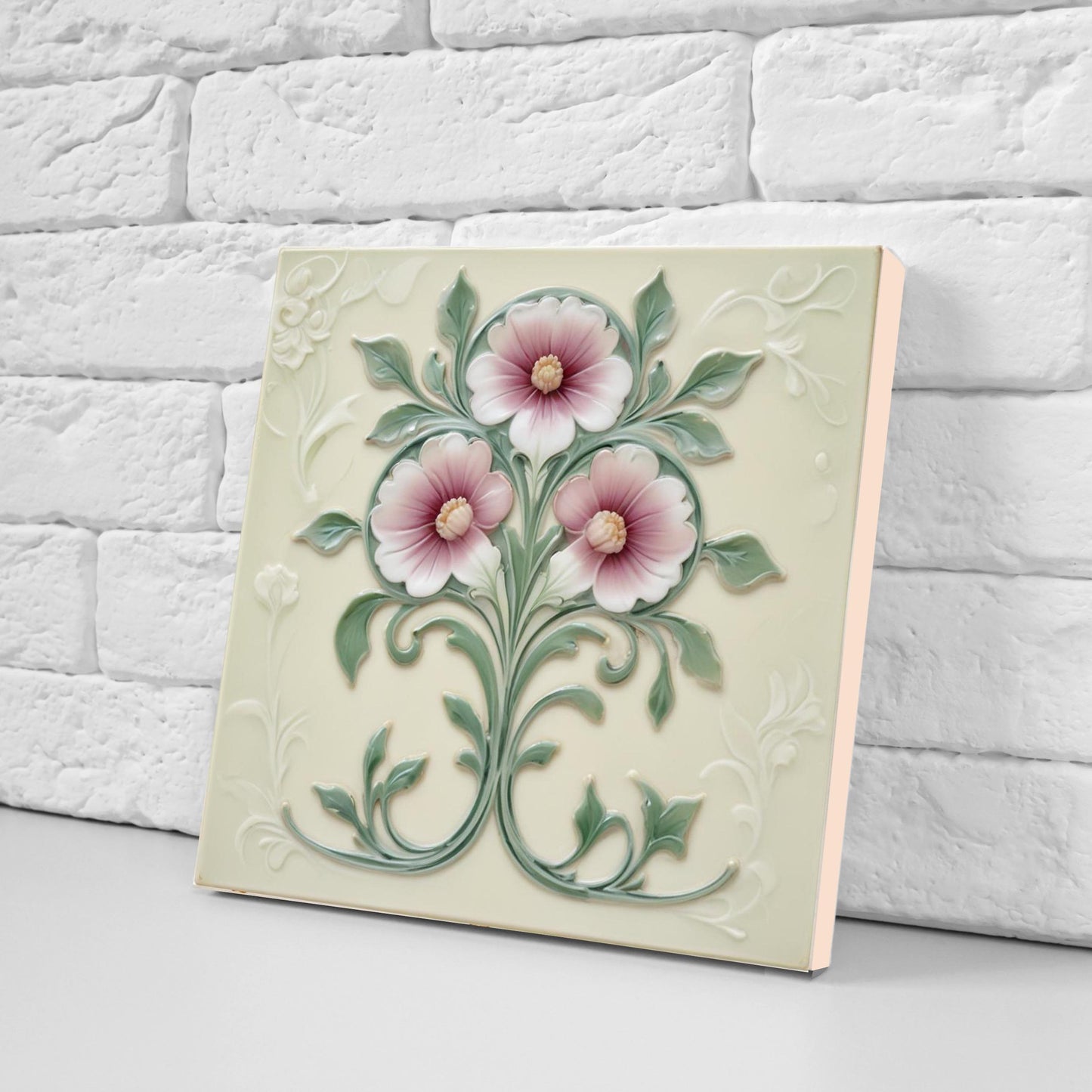 Art Nouveau Flower Ceramic Tiles - Set of 2 Botanical Wall Decor Tile - Kitchen Backsplash,Bathroom, Sink Splashback,Fireplace,Shower Wall