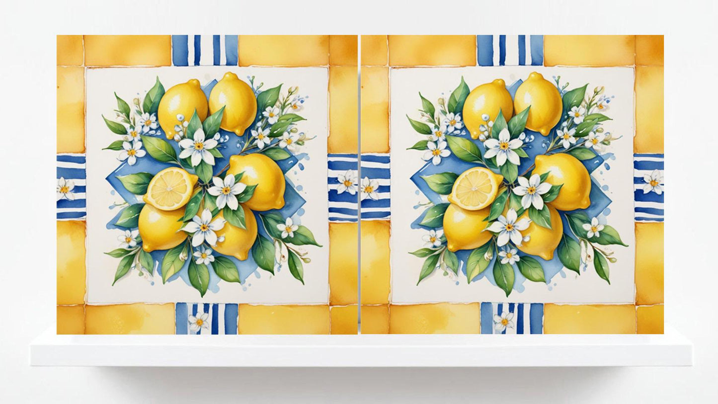 Italian Majolica Lemon Tiles - Set of 2 Italian Wall Decor Tiles - Kitchen Backsplash Tiles, Table Decorative Tiles, Bathroom Tiles, Coaster