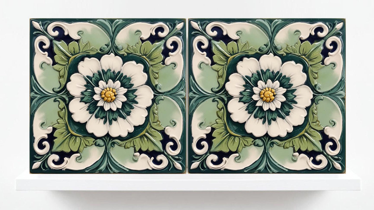 Italian Majolica Tiles Flower -Set of 2 Sicilian Wall Decor Tiles-Kitchen Backsplash Tiles, Sink Splashback,Bathroom,Shower Wall Art,Coaster
