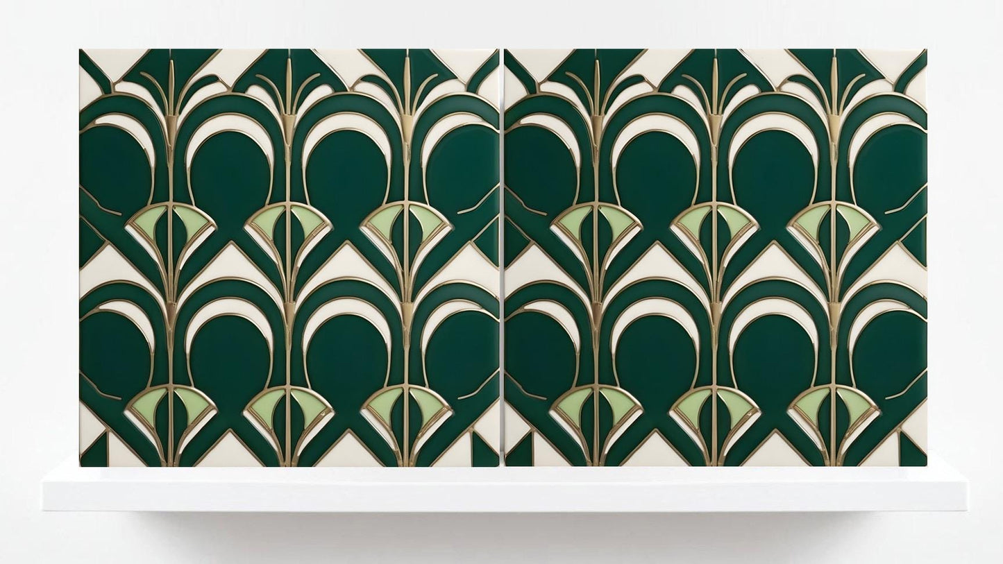 Art Deco Ceramic Tiles Green -Set of 2 Art Deco Wall Decor Geometric Tiles -Kitchen Backsplash Tiles, Shower Wall Tiles, Bathroom Sink Tiles