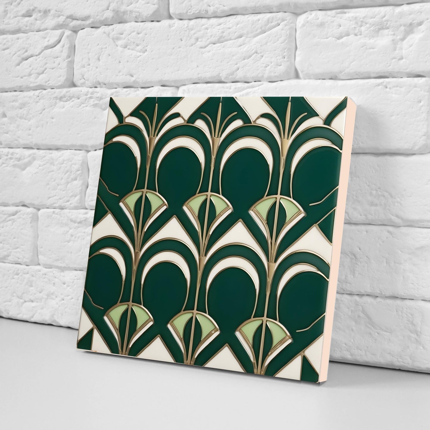 Art Deco Ceramic Tiles Green -Set of 2 Art Deco Wall Decor Geometric Tiles -Kitchen Backsplash Tiles, Shower Wall Tiles, Bathroom Sink Tiles