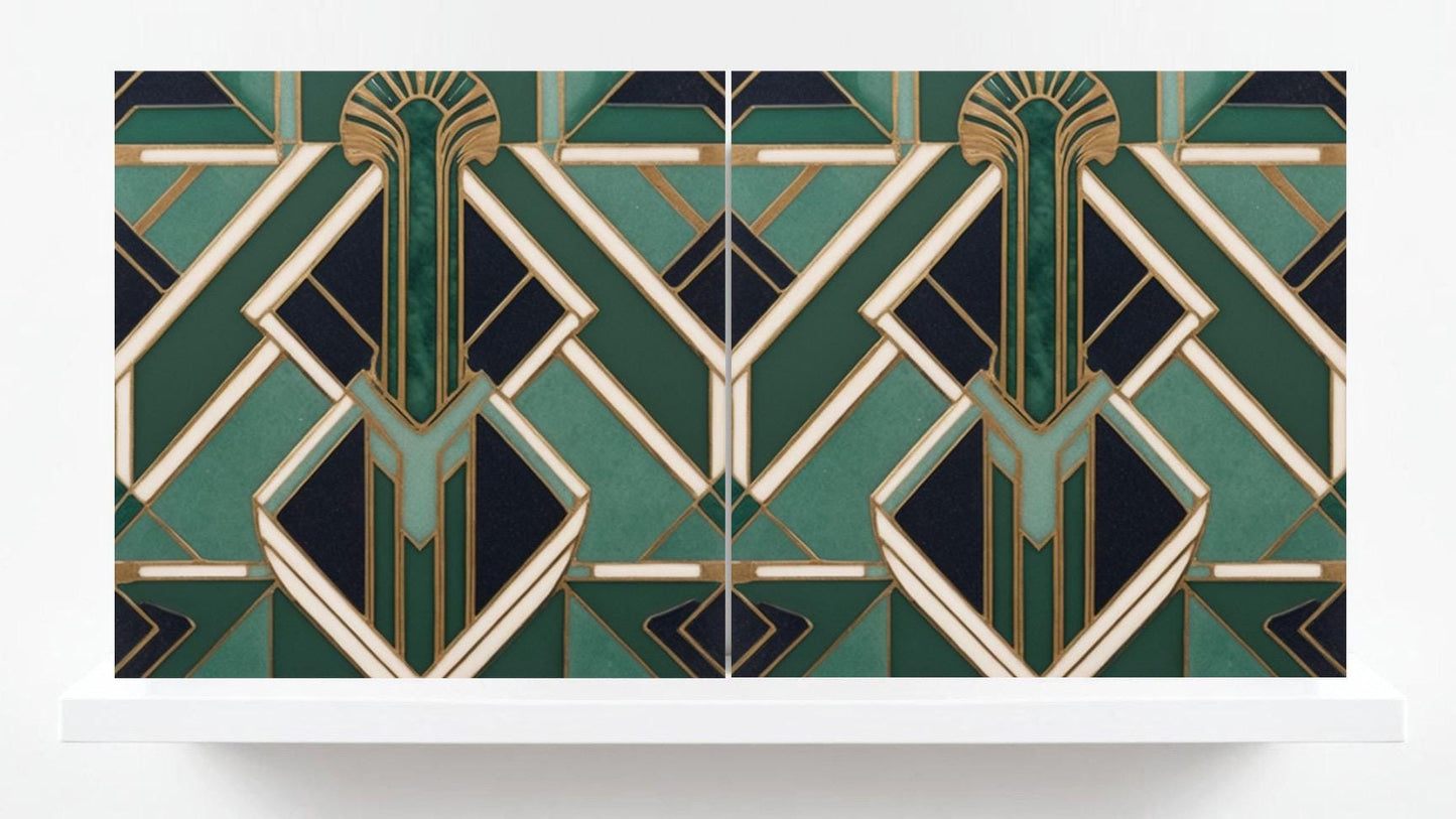 Art Deco Ceramic Tiles Green -Set of 2 Art Deco Wall Decor Geometric Tiles -Kitchen Backsplash Tiles, Shower Wall Tiles, Bathroom Sink Tiles