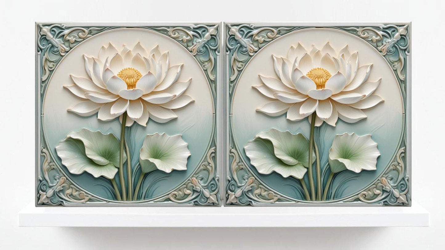 Lotus Tile Art Nouveau Flower Ceramic Tiles - Set of 2 Art Nouveau Wall Decor Tiles - Kitchen Backsplash Tiles, Shower Tiles, Bathroom Tiles