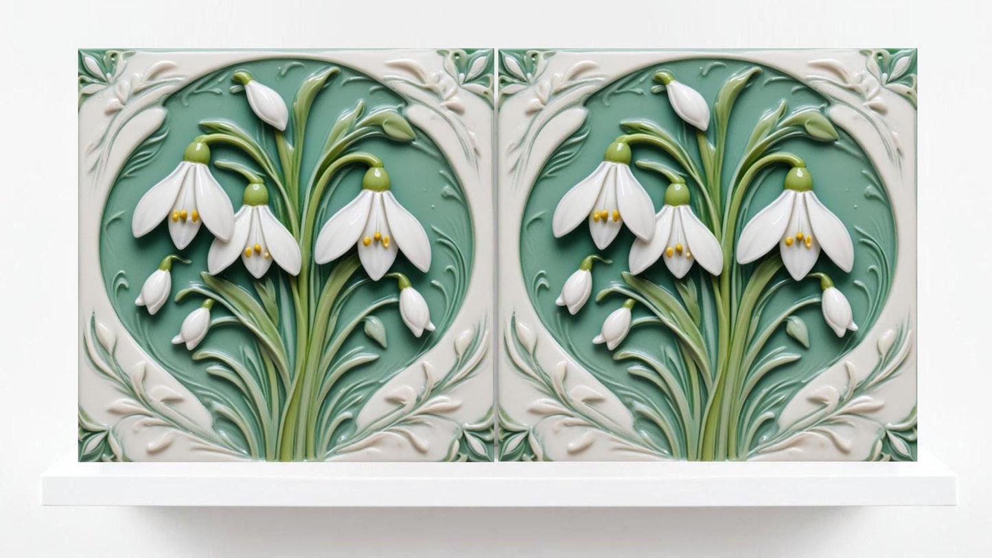 Snowdrop Tile Botanical Print Flower Ceramic Tiles -Set of 2 Green Art Nouveau Wall Decor-Kitchen Backsplash Tiles,Bathroom,Shower Wall,Sink