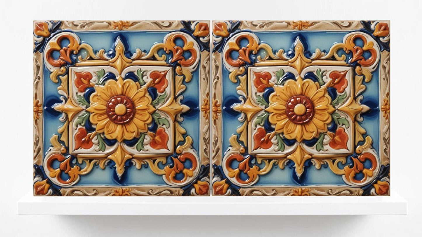 Majolica Tiles - Set of 2 Sicilian Tiles Print Italian Tile Wall Decor - Kitchen Backsplash, Bathroom, Shower Wall, Sink Splashback, Coaster