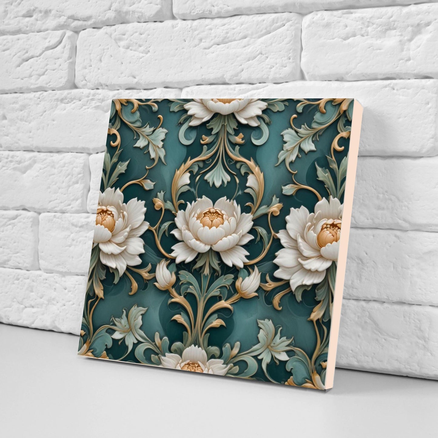 Peony Print Tile Green Art Nouveau Tiles Flower Botanical Ceramic Tiles - Set of 2 Peonies Wall Art Decor -Kitchen Backsplash, Bathroom,Sink