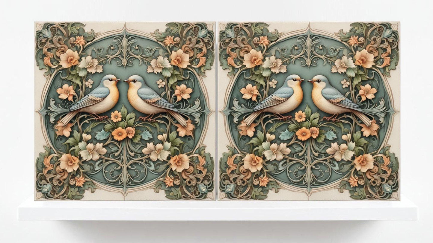 Art Nouveau Bird and Flower Ceramic tiles -Set of 2 Art Nouveau Bird Wall Decor Tiles,Bird Tiles -Kitchen Backsplash Tiles,Bathroom Tiles