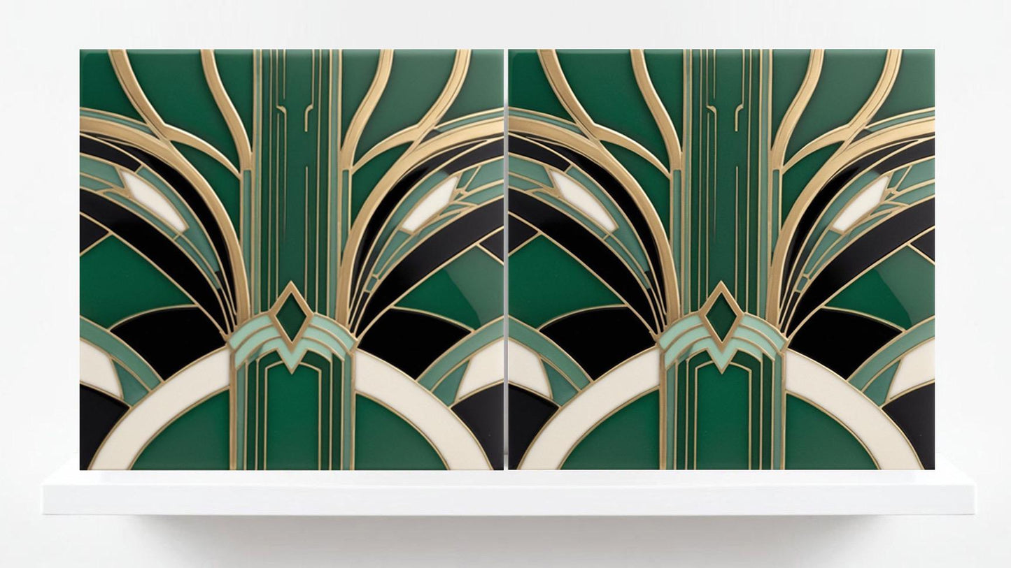 Art Deco Ceramic Tiles Green -Set of 2 Art Deco Wall Decor Geometric Tiles -Kitchen Backsplash Tiles, Shower Wall Tiles, Bathroom Sink Tiles