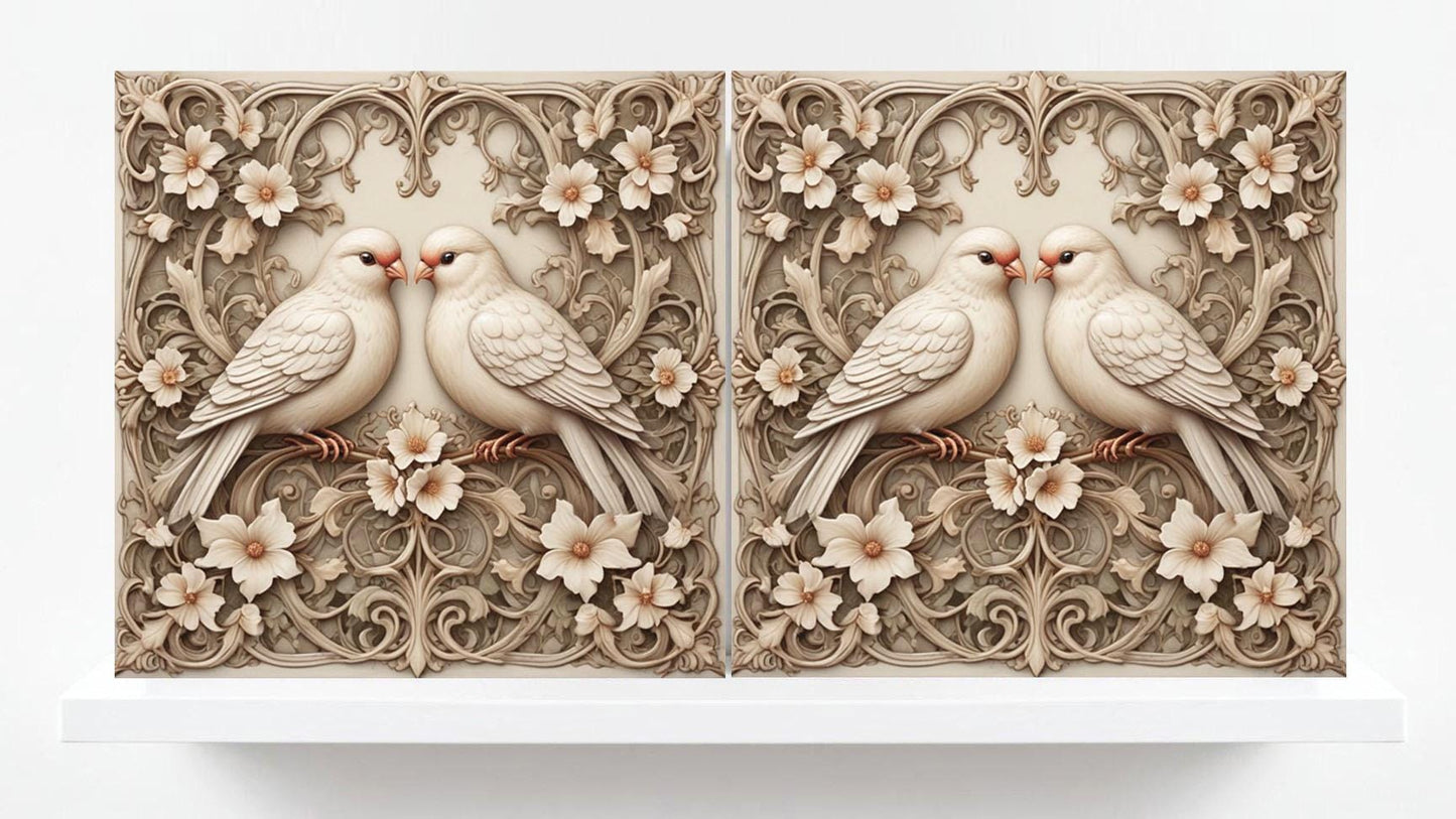 Bird and Flowers Ceramic Tiles-Set of 2 Bird Tile Backsplash Wall Decor Bird Tile Bathroom Bird and Floral Art Print Shower Walls Tile Cream