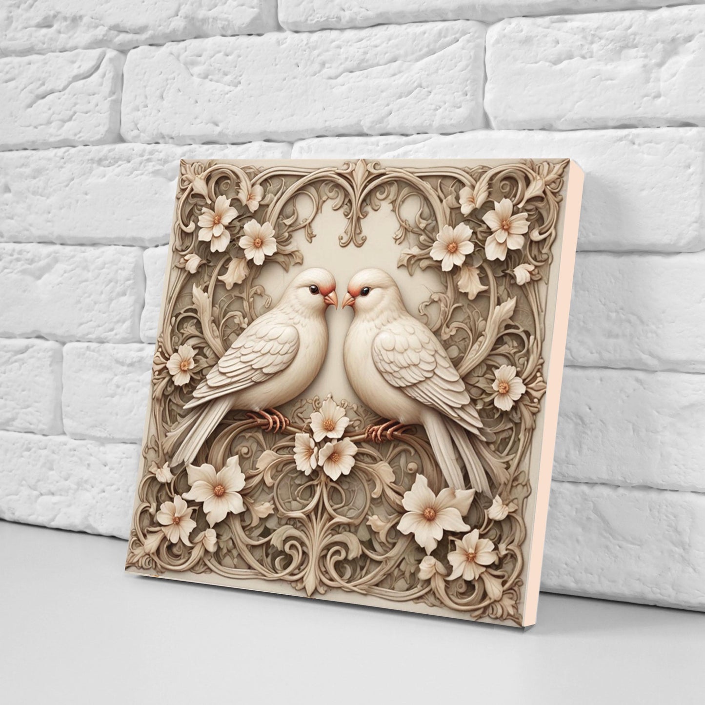 Bird and Flowers Ceramic Tiles-Set of 2 Bird Tile Backsplash Wall Decor Bird Tile Bathroom Bird and Floral Art Print Shower Walls Tile Cream