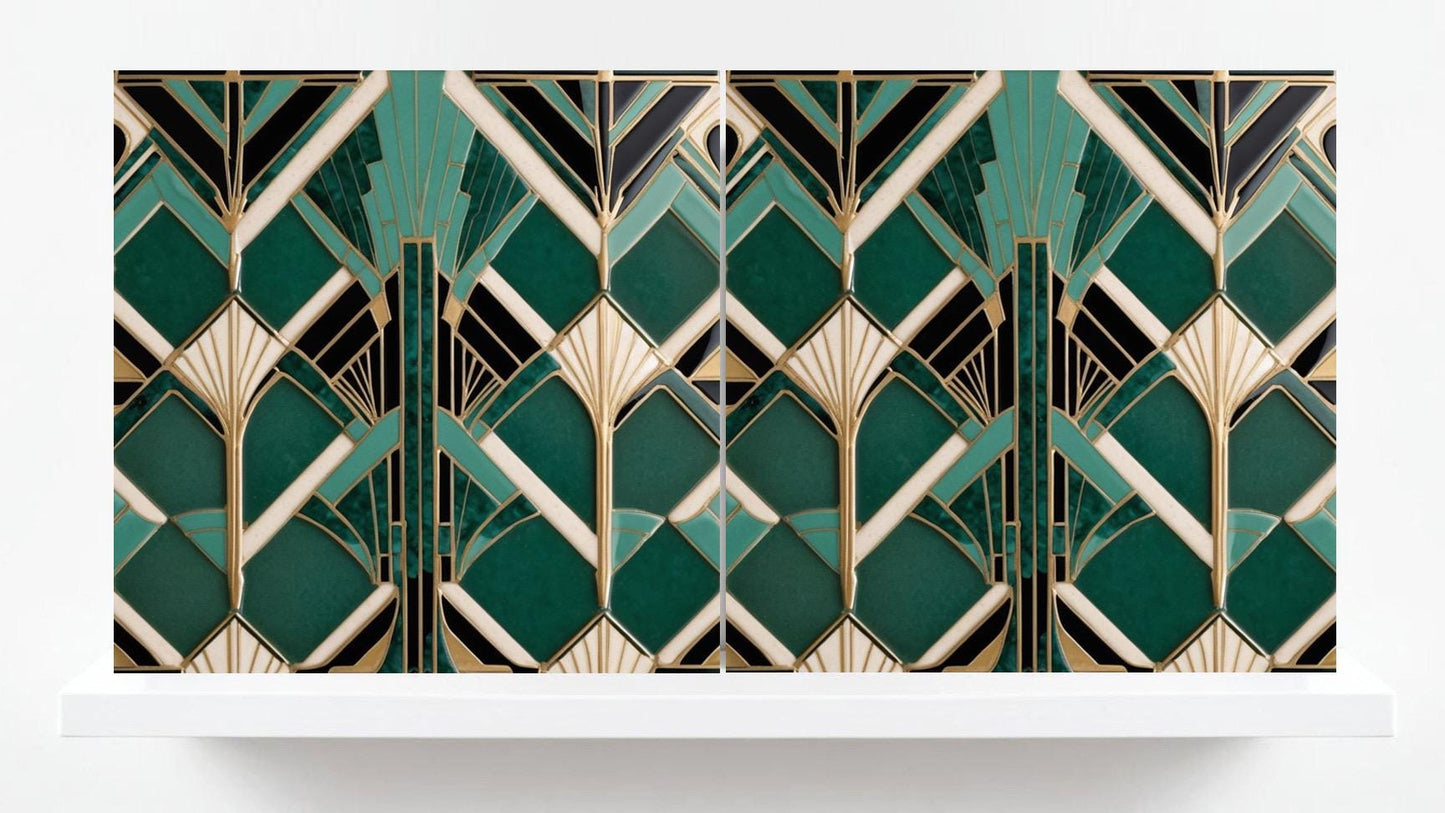 Art Deco Ceramic Tiles Green- Set of 2 Art Deco Wall Decor Geometric Tiles - Kitchen Backsplash Tiles,Table Decorative Tiles, Bathroom Tiles