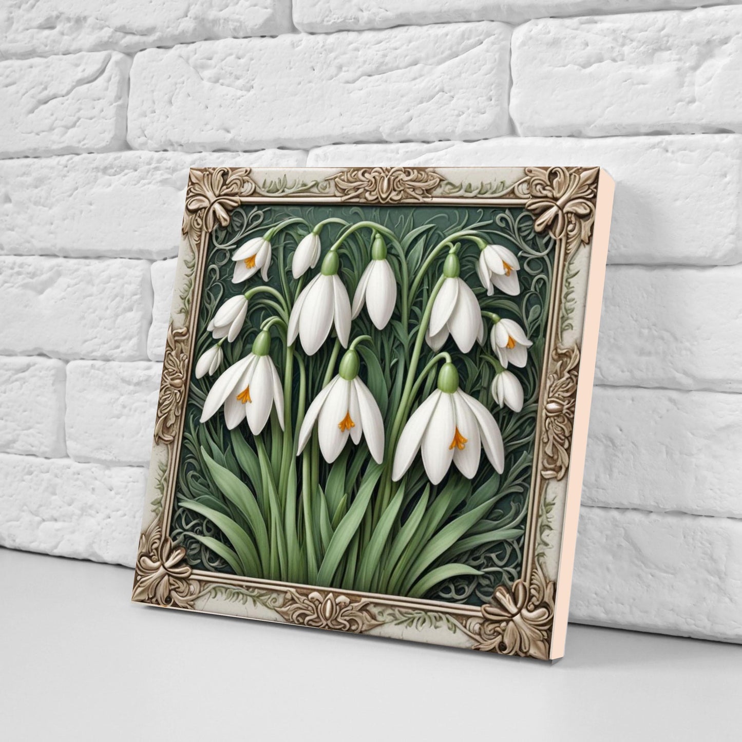 Snowdrop Tile Botanical Print Flower Ceramic Tiles -Set of 2 Green Art Nouveau Wall Decor-Kitchen Backsplash Tiles,Bathroom,Shower Wall,Sink