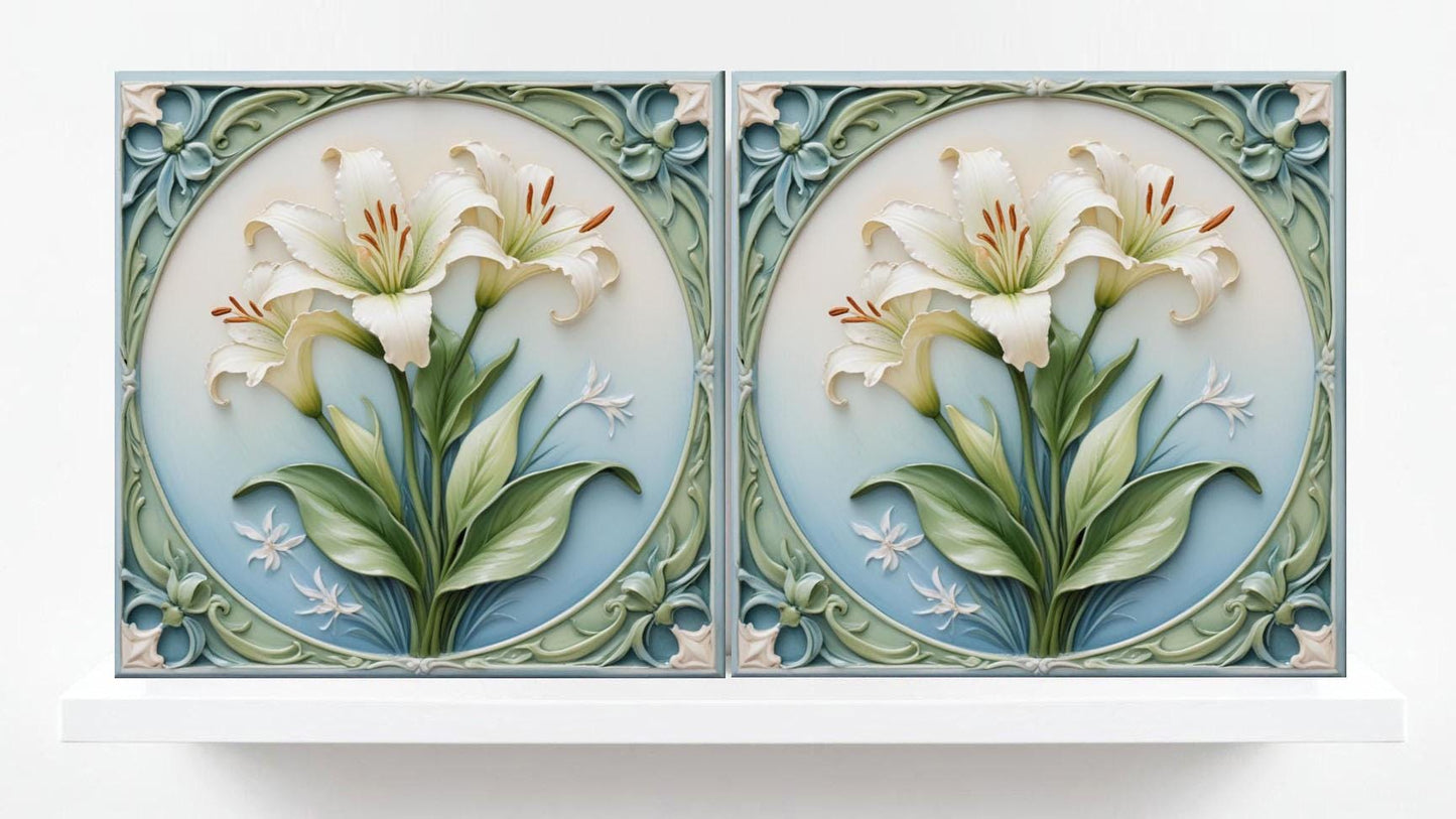 Art Nouveau Flower Ceramic Tiles - Set of 2 Art Nouveau Wall Decor Tiles - Kitchen Backsplash Tiles, Table Decorative Tiles, Bathroom Tiles