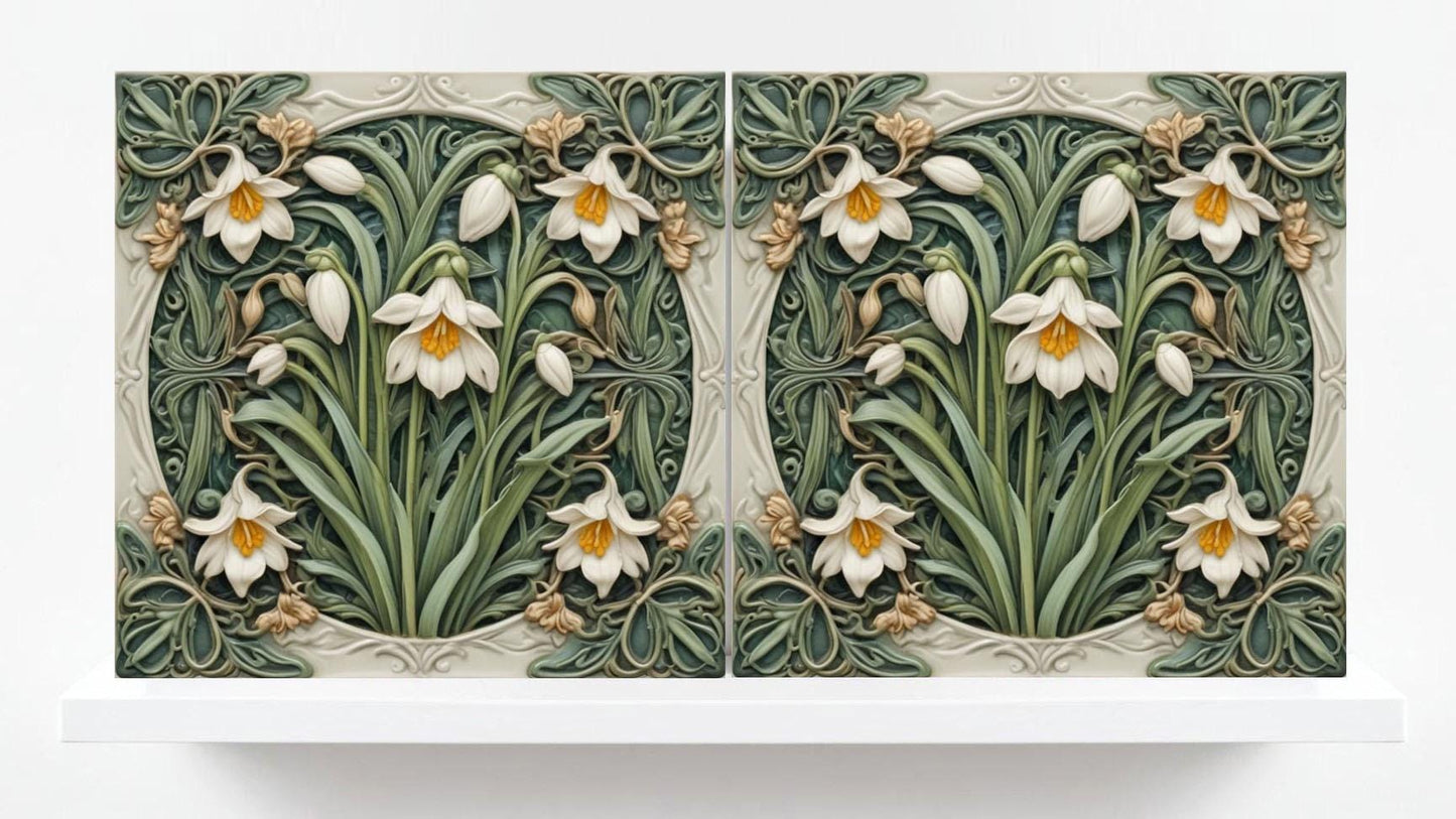 Snowdrop Tile Botanical Print Flower Ceramic Tiles -Set of 2 Green Art Nouveau Wall Decor-Kitchen Backsplash Tiles,Bathroom,Shower Wall,Sink