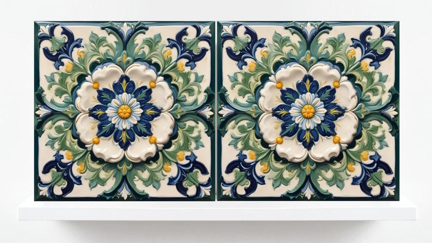 Italian Majolica Tiles Flower -Set of 2 Sicilian Wall Decor Tiles-Kitchen Backsplash Tiles, Sink Splashback,Bathroom,Shower Wall Art,Coaster