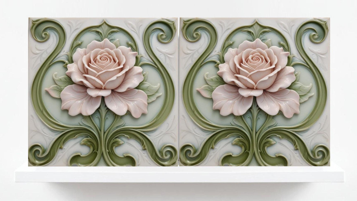 Art Nouveau Tile Rose Flower Ceramic Tiles - Set of 2 Art Nouveau Wall Decor Tiles -Kitchen Backsplash Tiles,Bathroom Tiles, Shower Wall Art