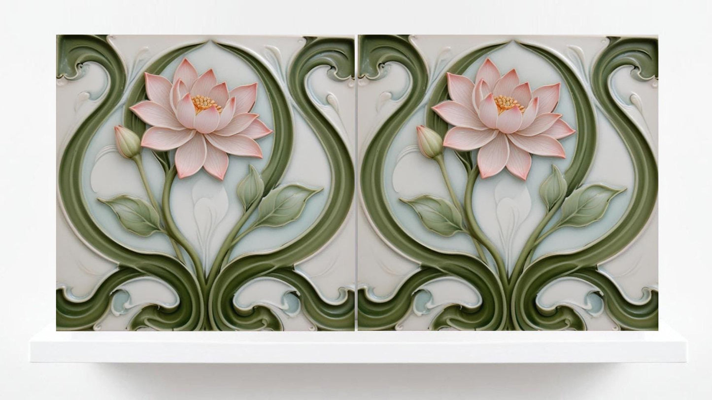 Lotus Tile Art Nouveau Flower Ceramic Tiles - Set of 2 Art Nouveau Wall Decor Tiles - Kitchen Backsplash Tiles, Shower Tiles, Bathroom Tiles
