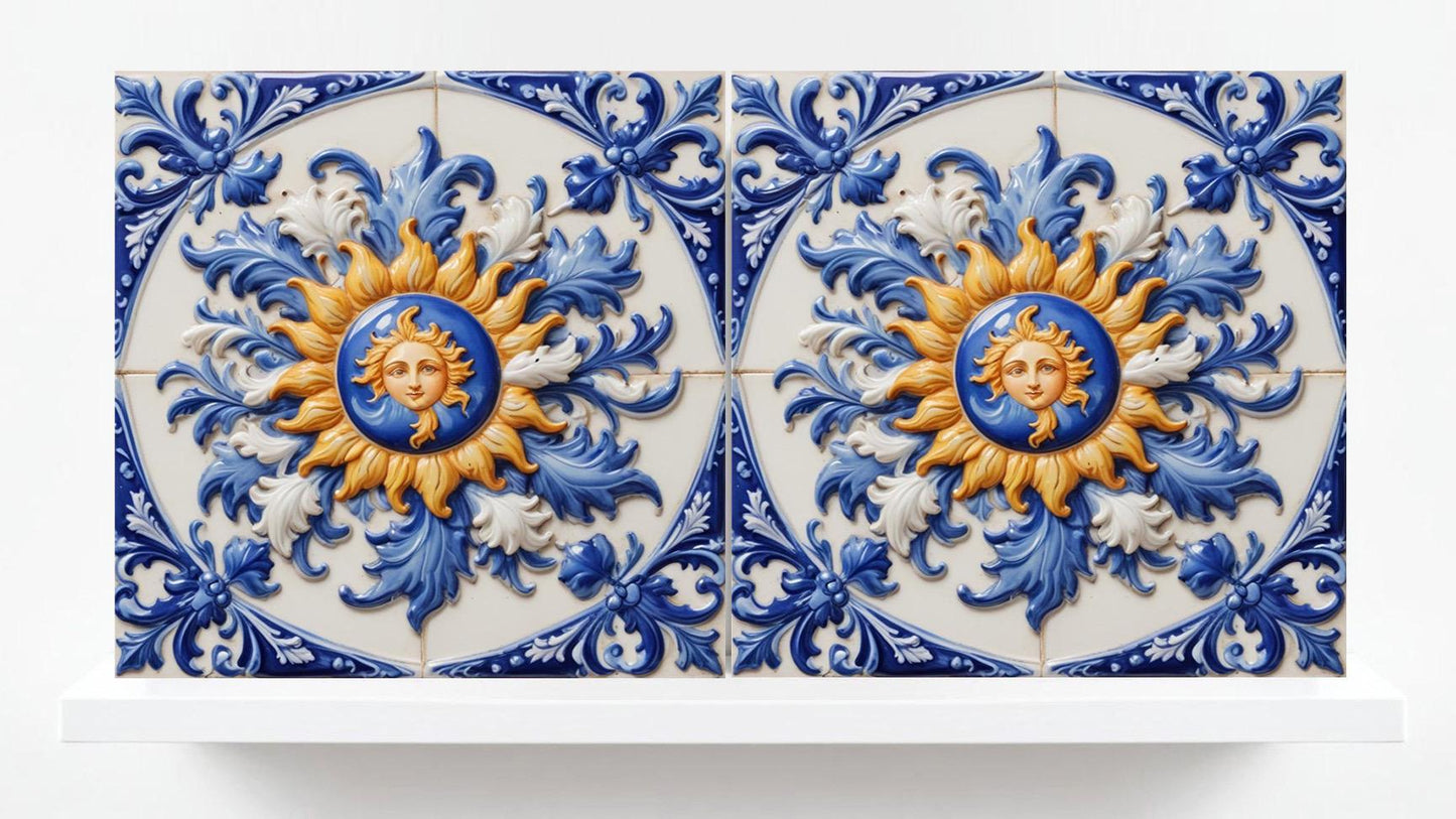 Sun Tile - Italian Majolica Sun Tiles Set of 2 Wall Decor Tiles -Kitchen Backsplash Tiles, Sink Splashback,Bathroom, Shower Wall Art,Coaster