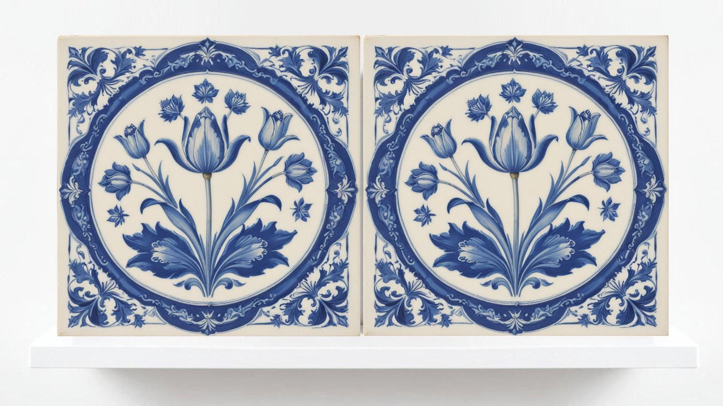 Delft Tulip Tile - Delft Blue Tile - Set of 2 Ceramic Delftware Tiles- Flower Tiles - Delft Prints Wall - Kitchen Backsplash, Sink,Bathroom