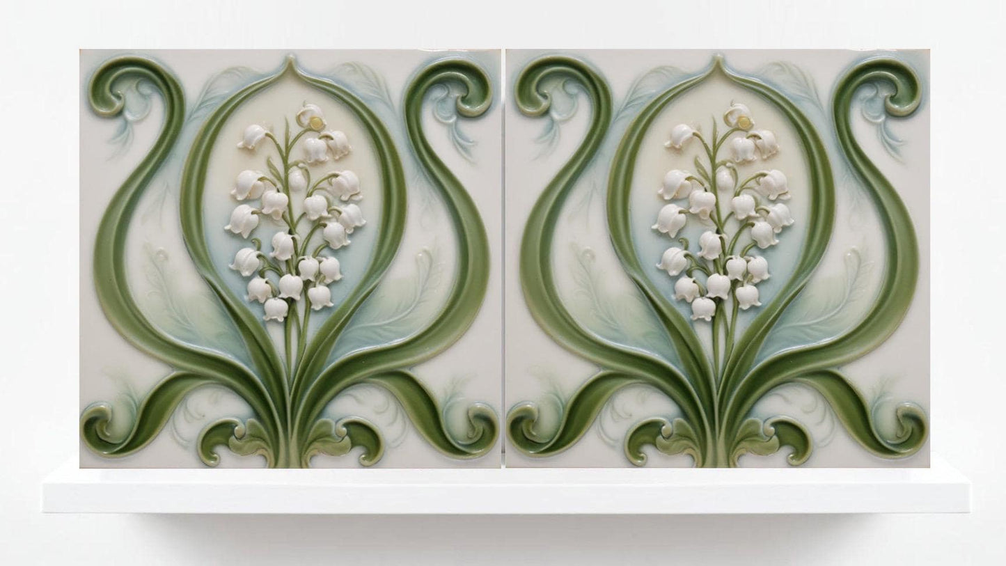 Lily of the Valley Tile - Art Nouveau Flower Ceramic Tiles - Set of 2 Art Nouveau Wall Decor Tiles - Kitchen Backsplash, Bathroom Sink Tiles