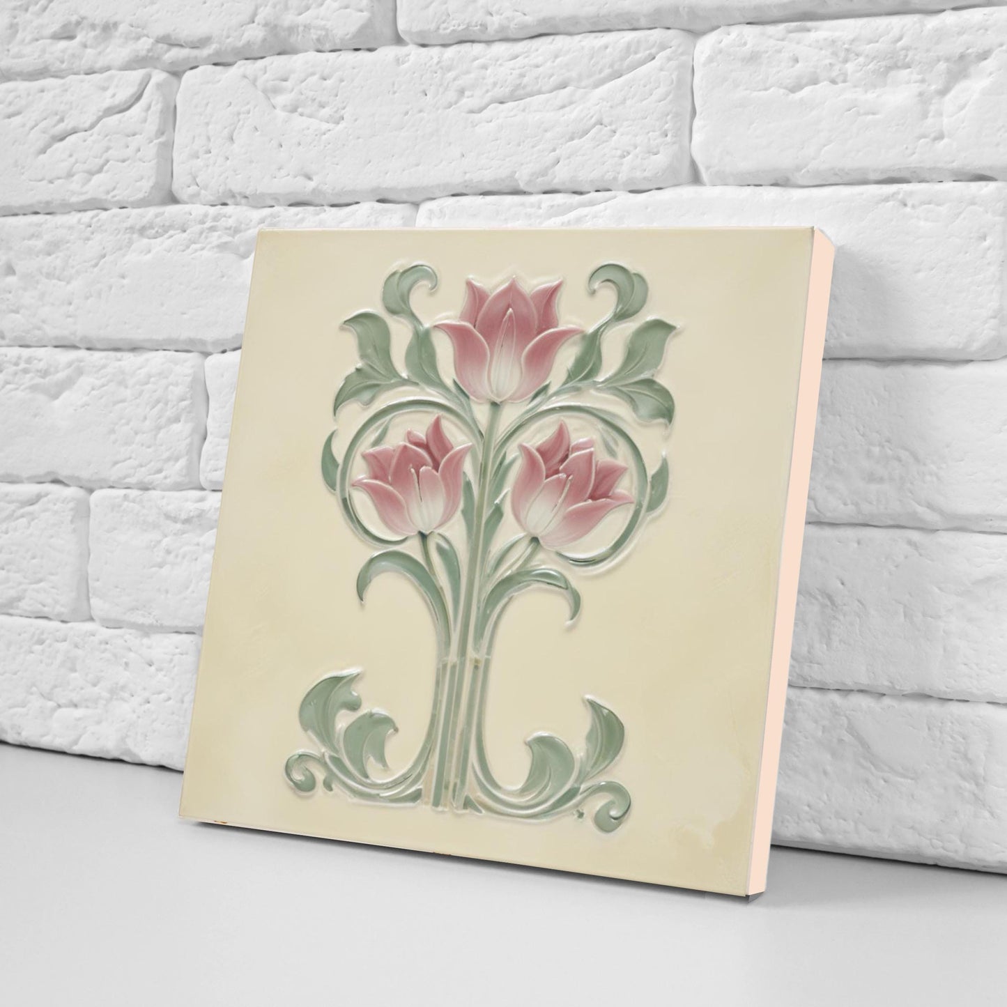 Tulip Tile Print Art Nouveau Flower Ceramic Tiles - Set of 2 Art Nouveau Wall Decor Tiles - Kitchen Backsplash Tiles, Bathroom Sink Tiles