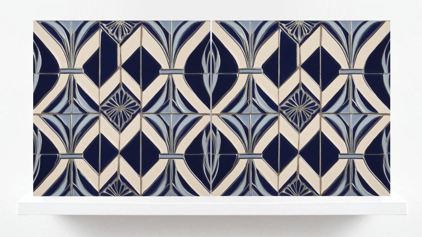 Art Deco Ceramic Tiles Blue- Set of 2 Art Deco Wall Decor Geometric Tiles-Kitchen Backsplash Tiles, Sink Splashback Bathroom Fireplace Tile